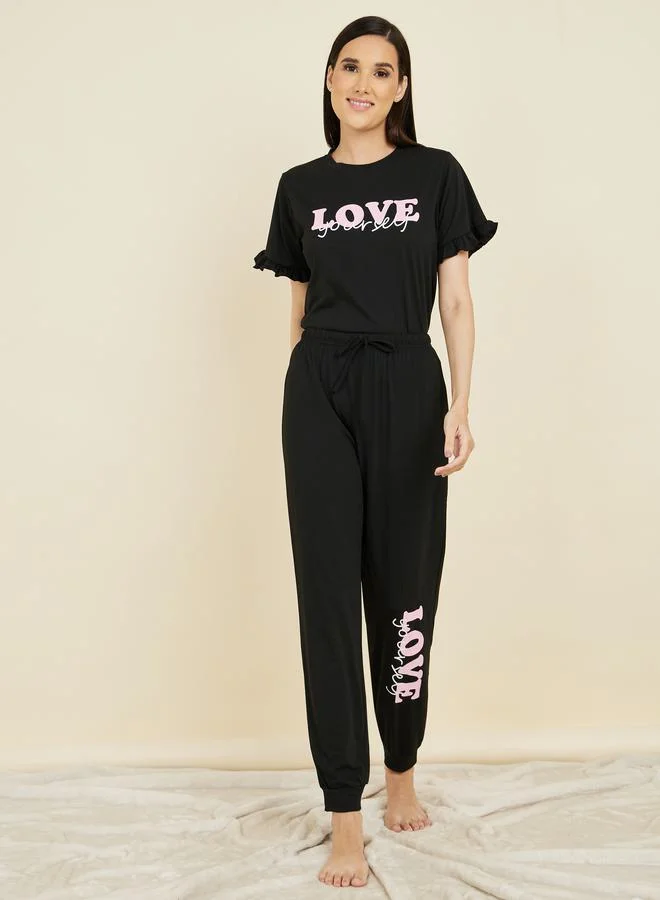 Styli Love Yourself Print Ruffle Trim Sleeve T-shirt and Cuff Pyjama Set