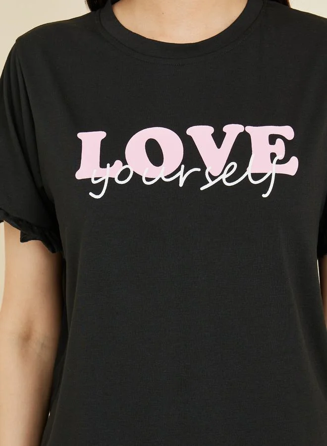 Styli Love Yourself Print Ruffle Trim Sleeve T-shirt and Cuff Pyjama Set
