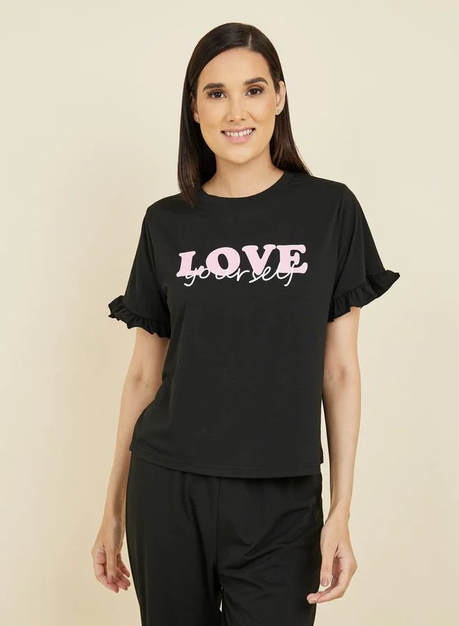 Styli Love Yourself Print Ruffle Trim Sleeve T-shirt and Cuff Pyjama Set