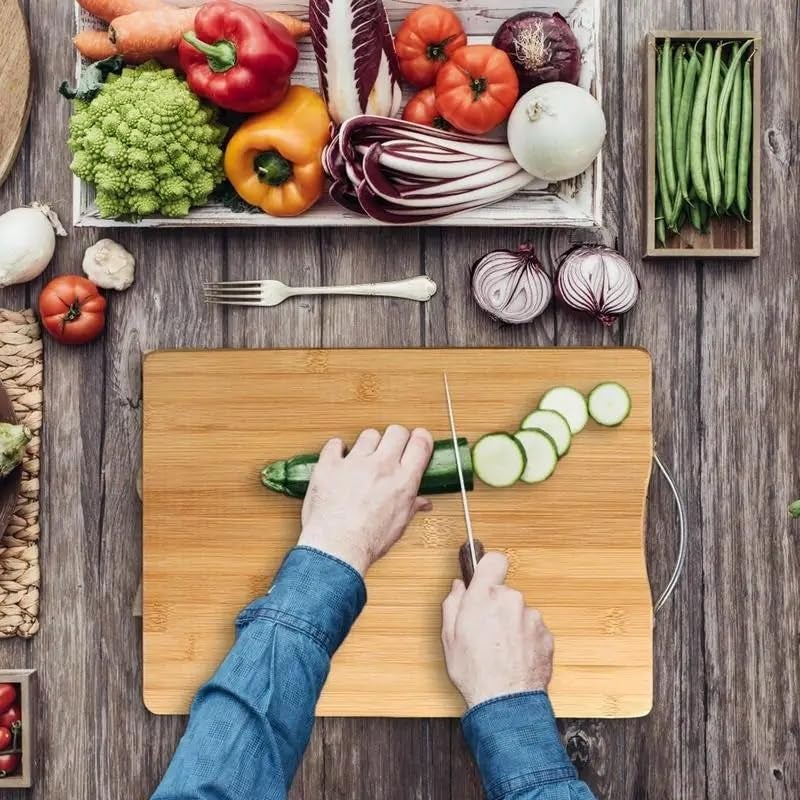 Favhome Natural Bamboo Wood Chopping Cutting Board with Handle for Kitchen VegetablesMeat Fruits Cheese BPA Free EcoFriendly AntiMicrobial 36 x 26 cm - Image 1