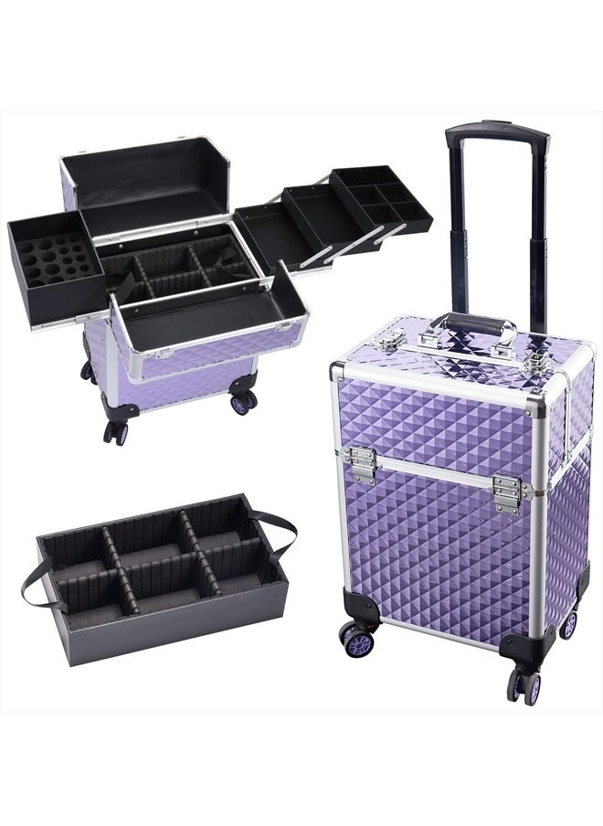 Stagiant Aluminum Rolling Makeup Train Case Large Organizer Cosmetic Trolley 4 Tray Sliding Rail Removable Middle Layer with Key Spinner Wheels Salon Barber Storage Case - Purple Diamond  - Image 1