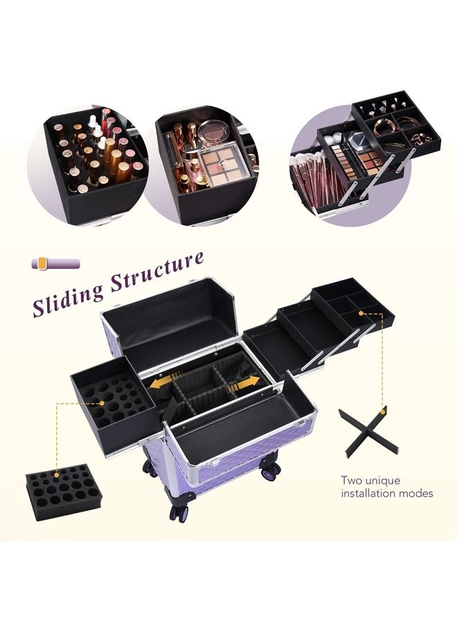 Stagiant Aluminum Rolling Makeup Train Case Large Organizer Cosmetic Trolley 4 Tray Sliding Rail Removable Middle Layer with Key Spinner Wheels Salon Barber Storage Case - Purple Diamond  - Image 2