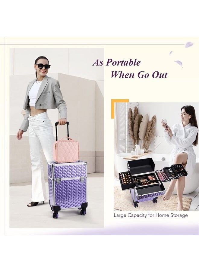 Stagiant Aluminum Rolling Makeup Train Case Large Organizer Cosmetic Trolley 4 Tray Sliding Rail Removable Middle Layer with Key Spinner Wheels Salon Barber Storage Case - Purple Diamond  - Image 4