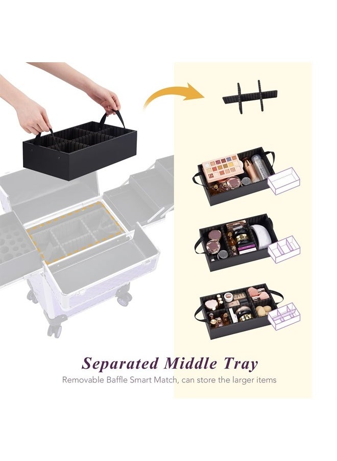 Stagiant Aluminum Rolling Makeup Train Case Large Organizer Cosmetic Trolley 4 Tray Sliding Rail Removable Middle Layer with Key Spinner Wheels Salon Barber Storage Case - Purple Diamond  - Image 3