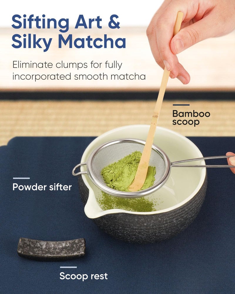 Joiish 7 Pcs Matcha Kit Set, Matcha Whisk and Bowl with Spout, Powder Sifter, Whisk Holder, Bamboo Scoop and Scoop Rest, Perfect Prepare Tools for Making Matcha Tea (Charcoal Grey) - Image 4