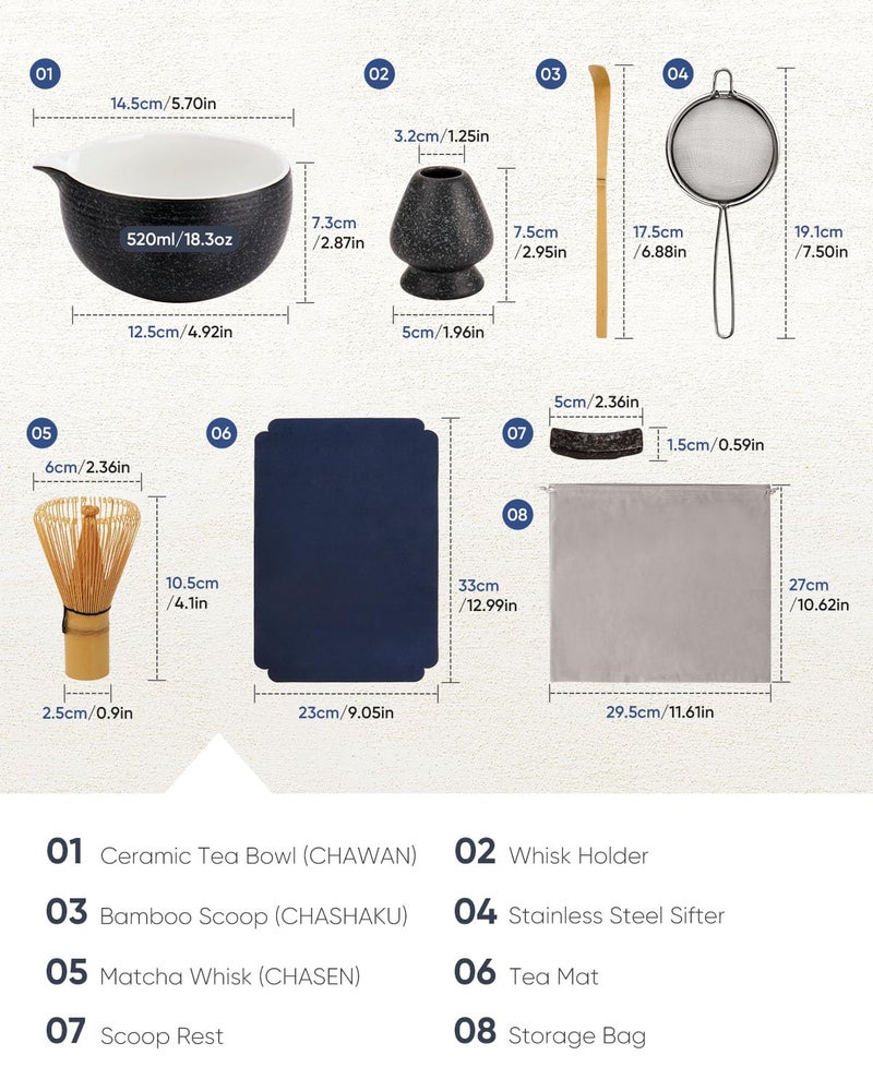 Joiish 7 Pcs Matcha Kit Set, Matcha Whisk and Bowl with Spout, Powder Sifter, Whisk Holder, Bamboo Scoop and Scoop Rest, Perfect Prepare Tools for Making Matcha Tea (Charcoal Grey) - Image 2