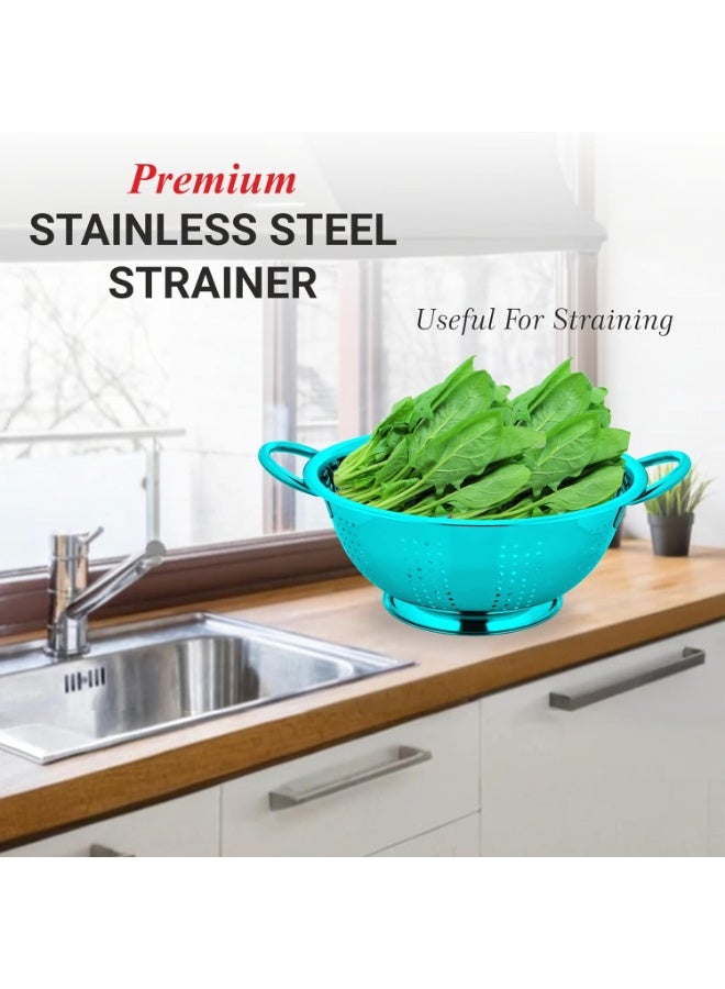 Prabha Colander Stainless Steel Strainer Sieves, 3000ML, 24cm|Kitchen Strainer With Handle-Essential Kitchen | Colanders Bowl, Basket | Colander For Rice Straining Washing Fruits, Vegetables,Blue - Image 2