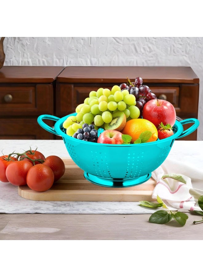 Prabha Colander Stainless Steel Strainer Sieves, 3000ML, 24cm|Kitchen Strainer With Handle-Essential Kitchen | Colanders Bowl, Basket | Colander For Rice Straining Washing Fruits, Vegetables,Blue - Image 3