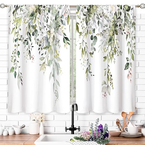 oolygoo Eucalyptus Botanical Leaves Floral Kitchen Window Curtains Over Sink Farmhouse Flower Leaf Small Window Treatment Sage Green Cafe Short Curtains for Bathroom Treatment Tier Drapes 26x30 inch - Image 3