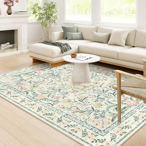Wonnitar Boho Washable Rug 8x10, Large Area Rug for Living Room, Soft Floral Carpet for Bedroom Non Slip, 8 x 10 Indoor Beige Carpets for Nursery Dining Room Apartment Office Decor - Image 1