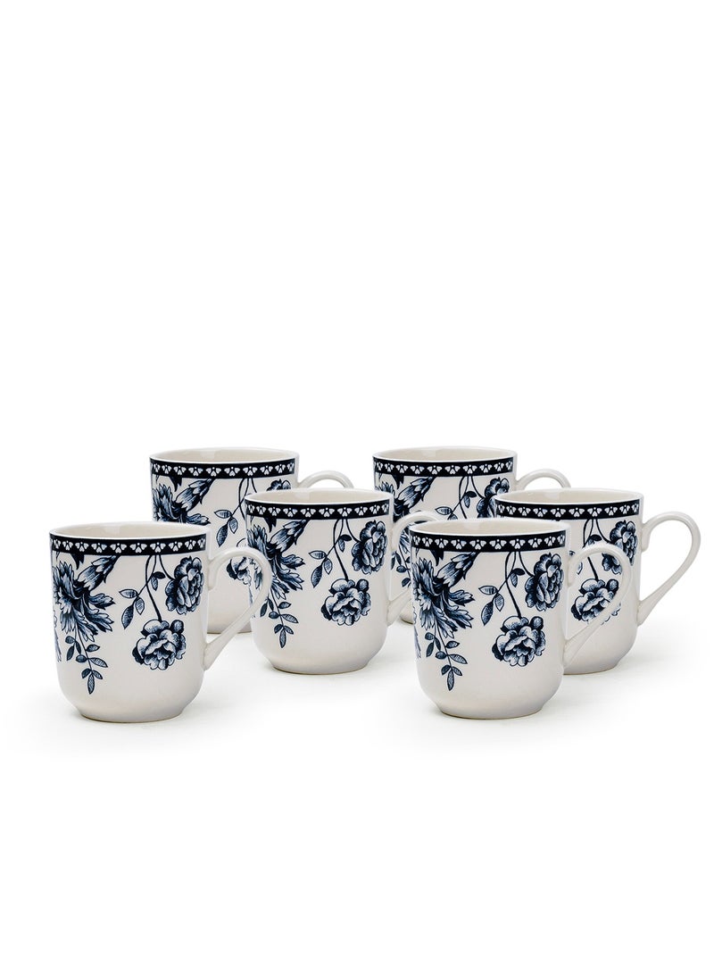 Claytan Rhapsody 370ml Dark Blue Floral Pattern Ceramic Mug, White (Set of 6)