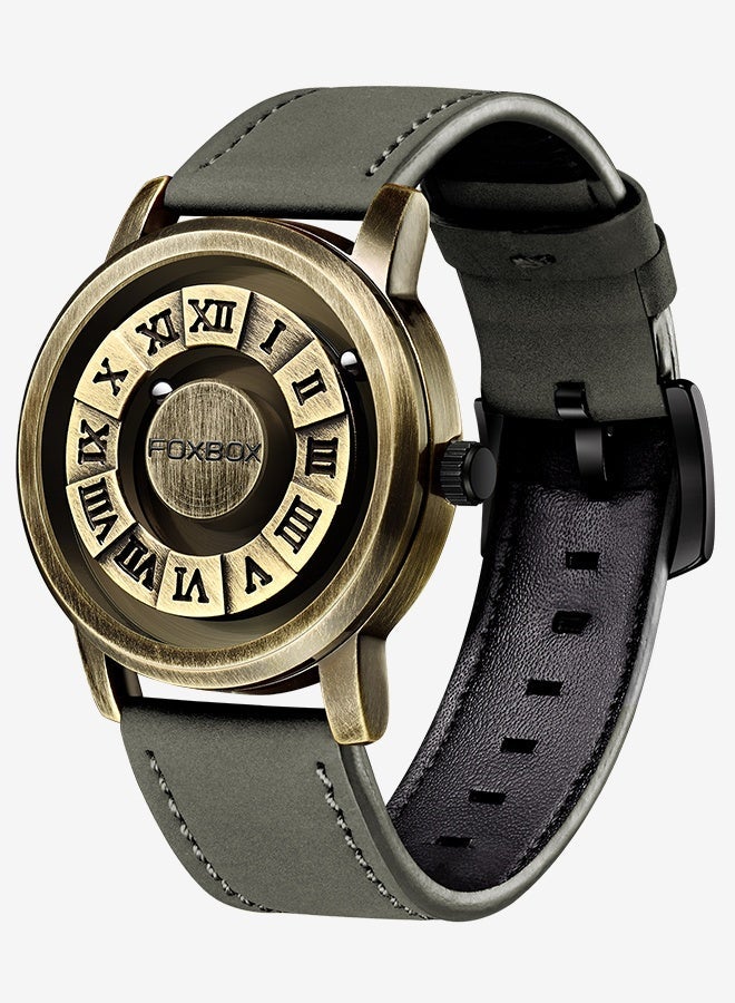 FOXBOX Fashion Creative Quartz Wristwatches For Men Magnetic Levitation Scrolling Beads Design Mens Watch Leather Strap Waterproof Sports Luxury Watches Men Bronze - Image 2