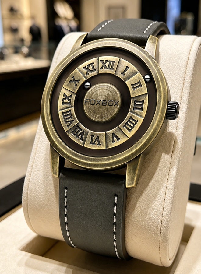 FOXBOX Fashion Creative Quartz Wristwatches For Men Magnetic Levitation Scrolling Beads Design Mens Watch Leather Strap Waterproof Sports Luxury Watches Men Bronze - Image 1