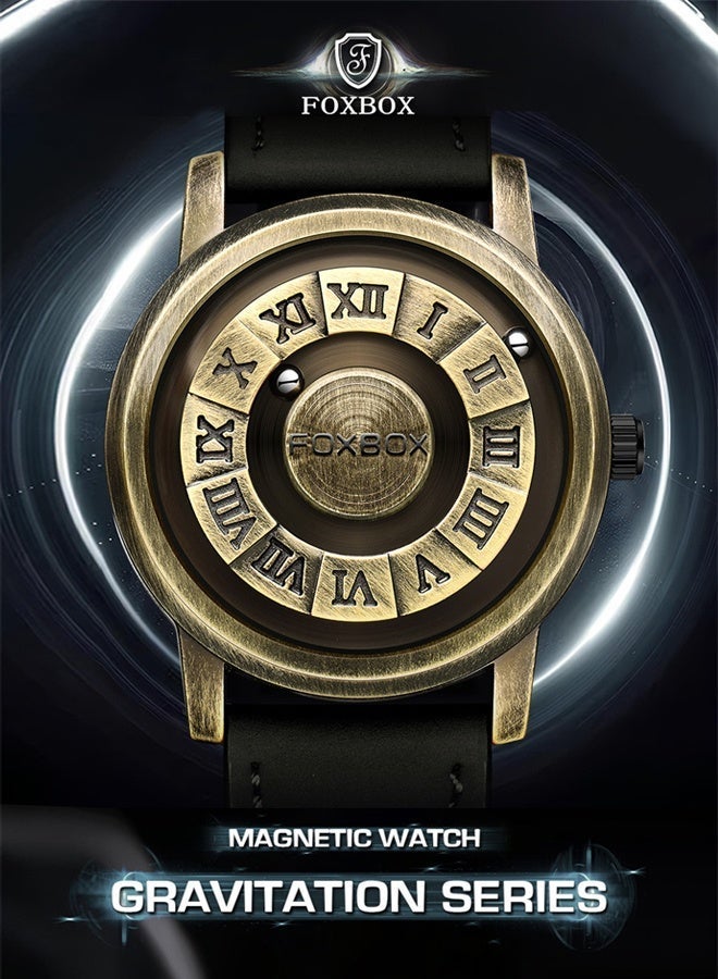 FOXBOX Fashion Creative Quartz Wristwatches For Men Magnetic Levitation Scrolling Beads Design Mens Watch Leather Strap Waterproof Sports Luxury Watches Men Bronze - Image 4