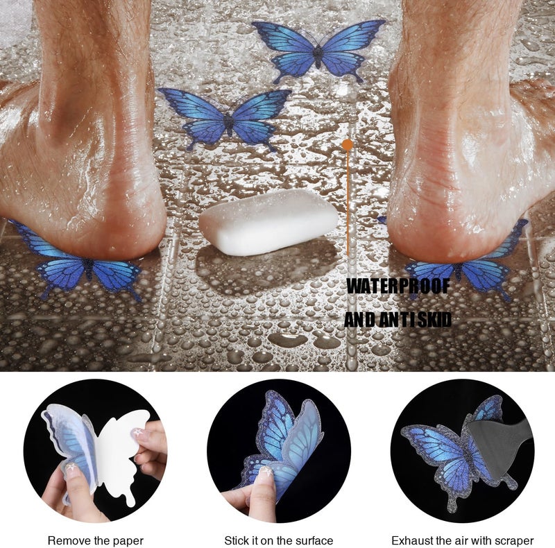 Secopad 20 PCS Non Slip Bathtub Stickers, Adhesive Butterfly Anti Slip Decal Treads for Shower and Bath Tub with Premium Scraper (Blue) - Image 4