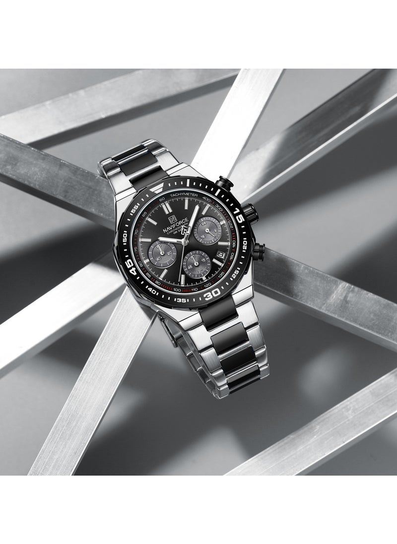 Luxury Chronograph Wrist Watch for Men with Stainless Steel Strap Water Resistant Multi-Function Timepiece with Tachymeter and Date Display