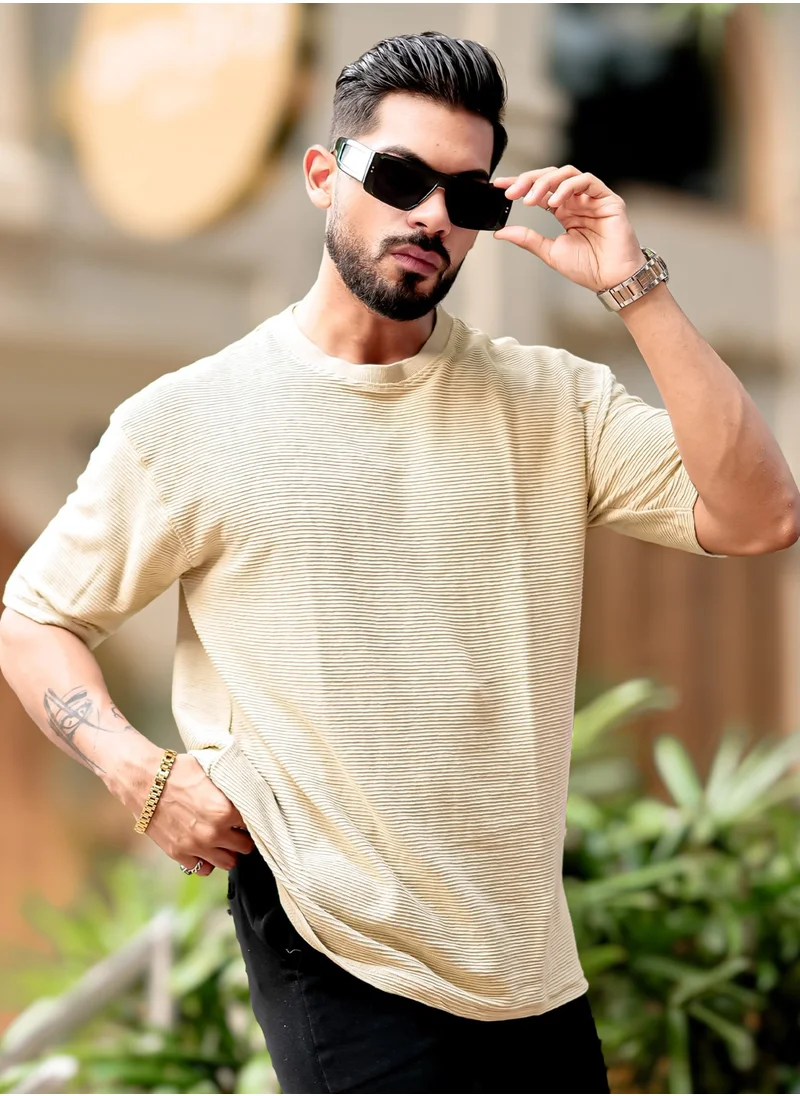 Maniac Maniac Mens Round Neck 3/4th Sleeve Biscuit Corduroy Fabric Tshirt