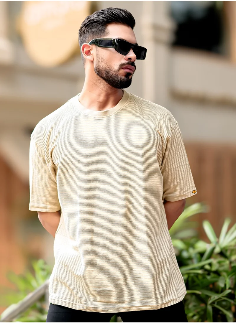 Maniac Maniac Mens Round Neck 3/4th Sleeve Biscuit Corduroy Fabric Tshirt