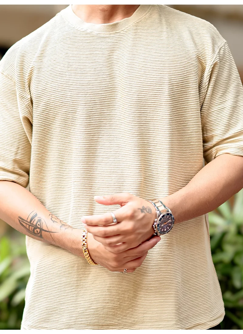 Maniac Maniac Mens Round Neck 3/4th Sleeve Biscuit Corduroy Fabric Tshirt