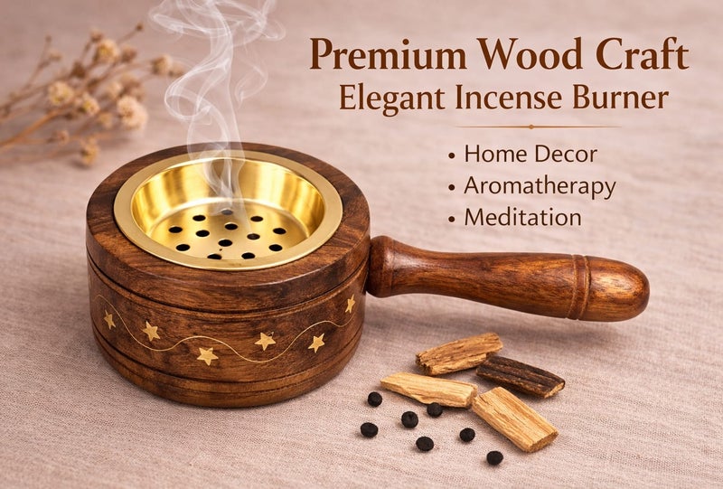 Radin Wood Bakhoor Burner With Handle Traditional Charcoal Incense Burner For Oud And Bakhoor Handmade Mabkhara Made In India - Image 1