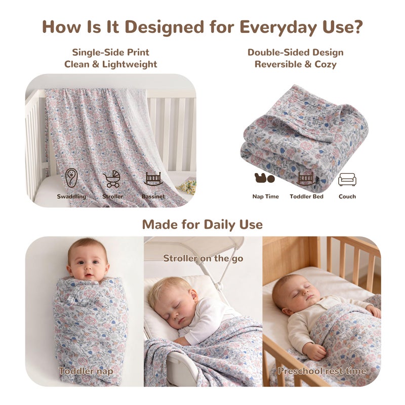NTBAY Muslin Toddler Blanket, 4-Layer, 30x40 Soft and Breathable Receiving Blanket for Newborns and Infants, Crib Stroller Travel Use, Vintage Floral - Image 3