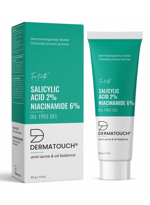 DERMATOUCH Salicylic Acid 2% Niacinamide 6% Anti-Acne Oil-Free Gel For Active Acne, Oil Balancing, Pore tightening - 30G