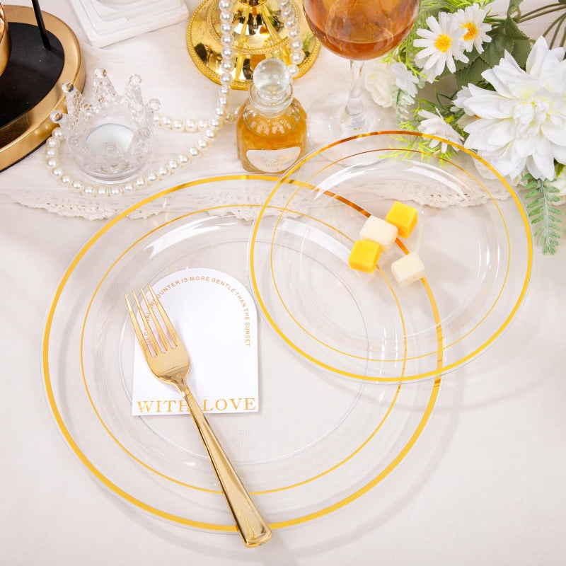 FLOWERCAT 100PCS Clear Plates with Gold Trim - Heavy Duty Clear and Gold Plastic Plates Disposable for Party/New Year Include 50PCS 10.25inch Clear Dinner Plates - 50PCS 7.5inch Clear Cake Plates - Image 4