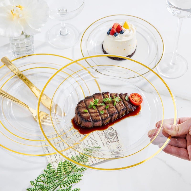 FLOWERCAT 100PCS Clear Plates with Gold Trim - Heavy Duty Clear and Gold Plastic Plates Disposable for Party/New Year Include 50PCS 10.25inch Clear Dinner Plates - 50PCS 7.5inch Clear Cake Plates - Image 3