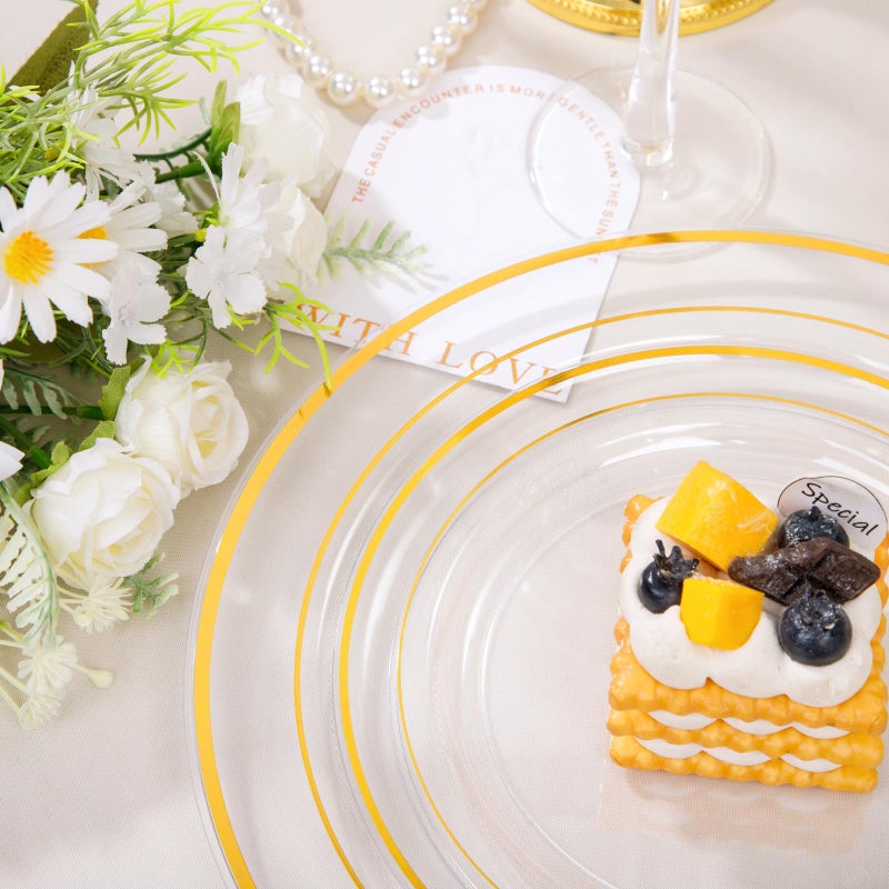 FLOWERCAT 100PCS Clear Plates with Gold Trim - Heavy Duty Clear and Gold Plastic Plates Disposable for Party/New Year Include 50PCS 10.25inch Clear Dinner Plates - 50PCS 7.5inch Clear Cake Plates - Image 2