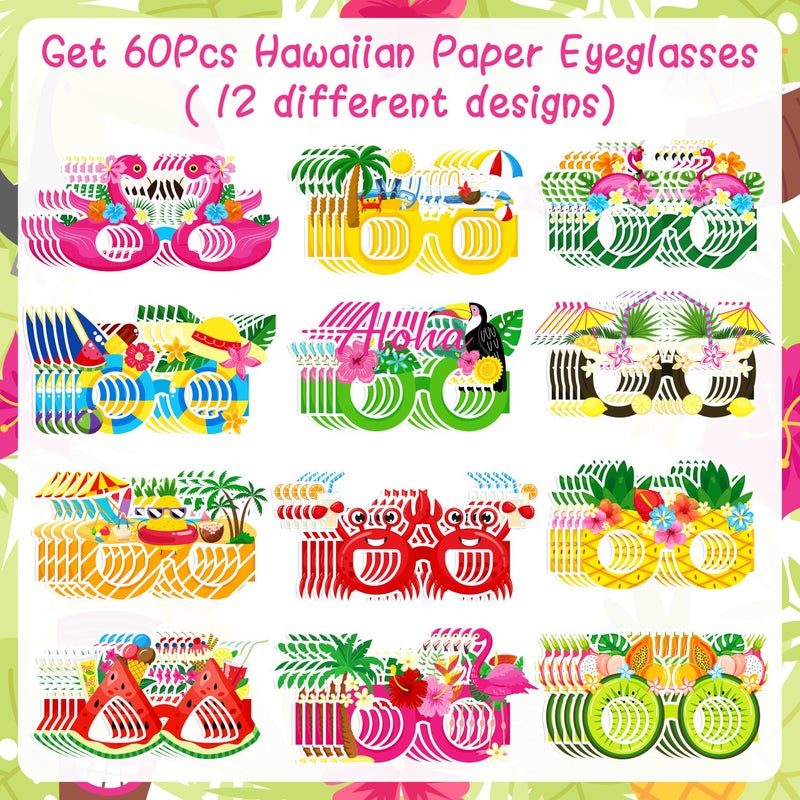 Moon Boat 60Pcs Hawaiian Luau Paper Glasses for Adults Bulk, Summer Beach Party Photo Props Hawaii Tiki Tropical Pool Sunglasses Decorations Supplies - Image 3