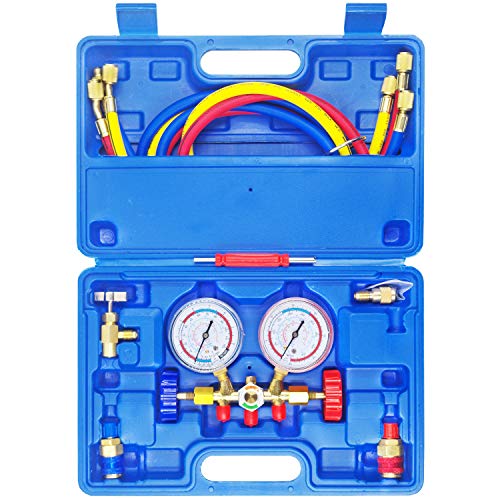 JIFETOR 3 Way AC Manifold Gauge Set, HVAC Diagnostic Refrigerant Charging Tool for Auto Household R404A R134A Refrigerant, Quick Couplers Can Tap Adapter Valve Core Tool, 5FT Hose - Image 1