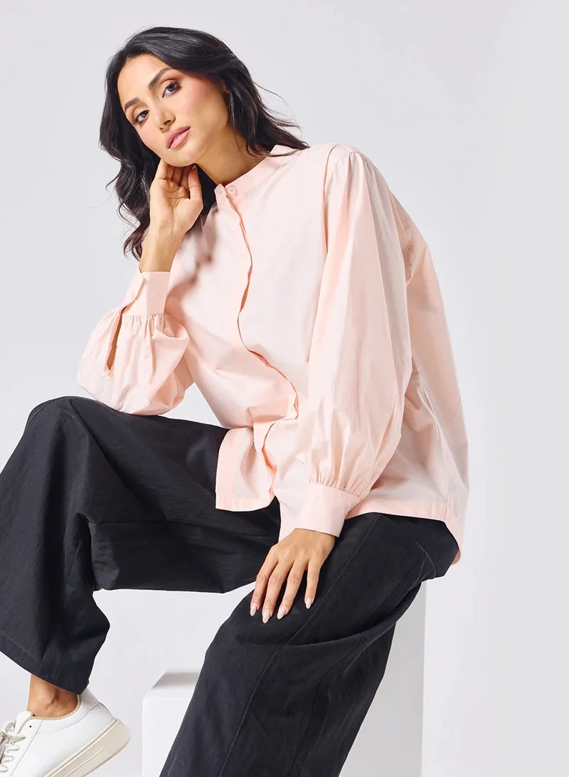 Zigzag Mandarin  Collar Cotton Oversized Shirt- Light Pink