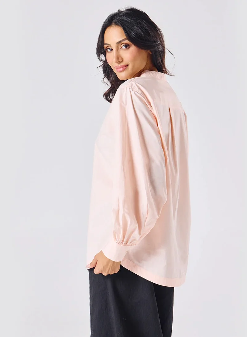 Zigzag Mandarin  Collar Cotton Oversized Shirt- Light Pink