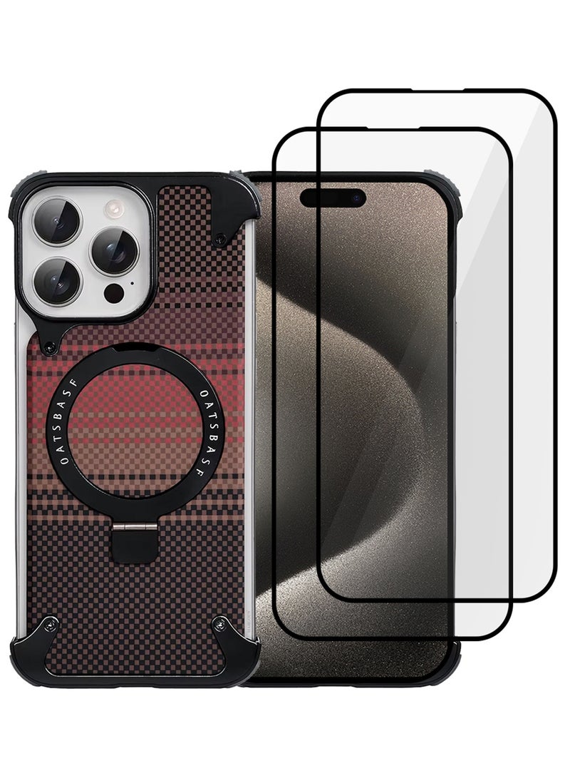 3Packs Case Cover for iPhone 15 Pro Max, Magnetic Ring Stand, Carbon Fiber Texture, Shockproof Armor, MagSafe Compatible with Two Screen Protectors - Brown - Image 2