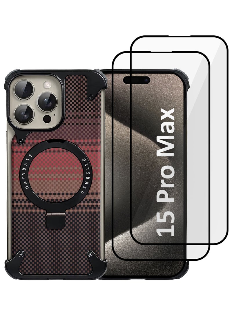 3Packs Case Cover for iPhone 15 Pro Max, Magnetic Ring Stand, Carbon Fiber Texture, Shockproof Armor, MagSafe Compatible with Two Screen Protectors - Brown - Image 1