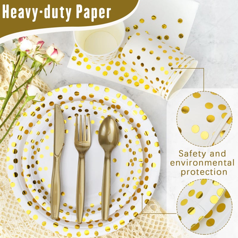 Lzerking Party Supplies Set - 210 Pieces of White and Gold Dot Paper Plates  Cups  Napkins  and Heavy Duty Silverware for 30 Guests for Birthdays  Graduation  Wedding  Festivals - Image 4