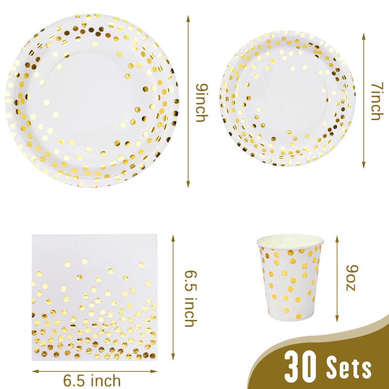 Lzerking Party Supplies Set - 210 Pieces of White and Gold Dot Paper Plates  Cups  Napkins  and Heavy Duty Silverware for 30 Guests for Birthdays  Graduation  Wedding  Festivals - Image 2
