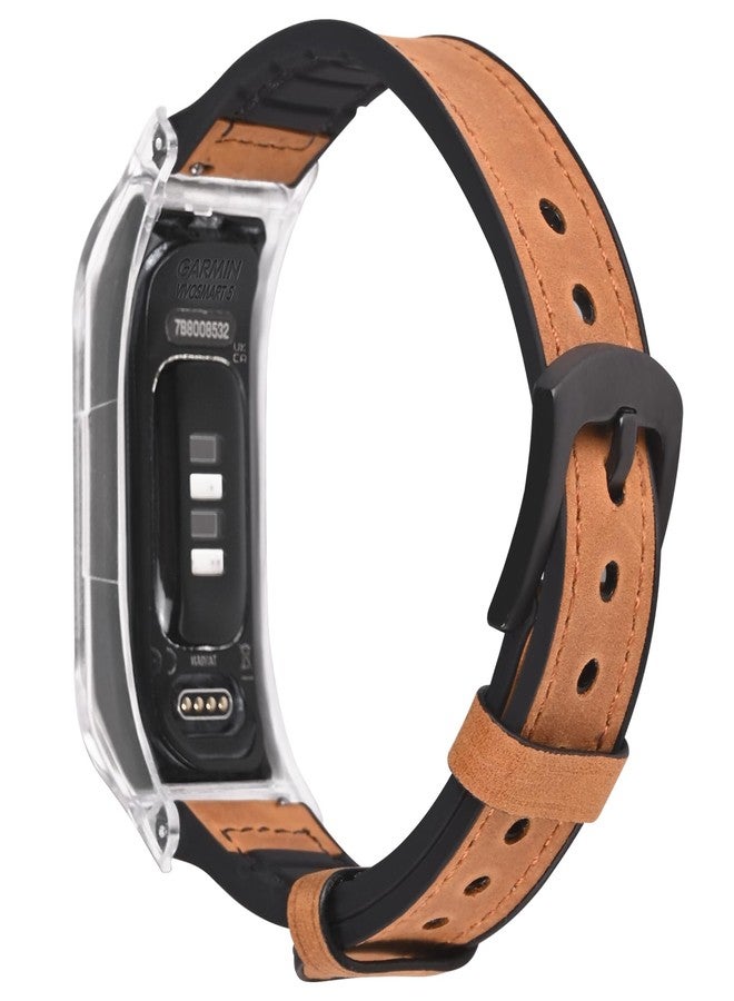 C2D JOY Leather & Silicone Mixed Strap Compatible with vivosmart 5 Replacement Watch band with New Transparent Case M/L-Brown - Image 1