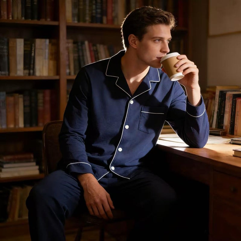 U2SKIIN Mens Cotton Pajama Set, Soft Long Sleeve Pajamas for men Lightweight Button Up Sleepwear Lounge Pjs Set with Pockets(Navy,L) - Image 2
