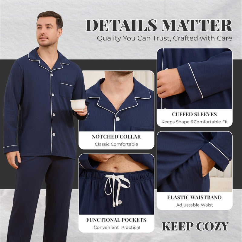 U2SKIIN Mens Cotton Pajama Set, Soft Long Sleeve Pajamas for men Lightweight Button Up Sleepwear Lounge Pjs Set with Pockets(Navy,L) - Image 4