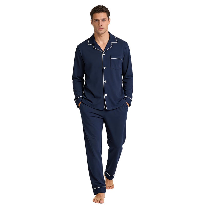 U2SKIIN Mens Cotton Pajama Set, Soft Long Sleeve Pajamas for men Lightweight Button Up Sleepwear Lounge Pjs Set with Pockets(Navy,L) - Image 1