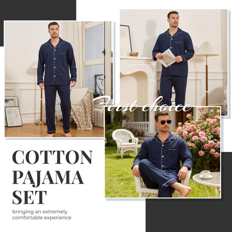 U2SKIIN Mens Cotton Pajama Set, Soft Long Sleeve Pajamas for men Lightweight Button Up Sleepwear Lounge Pjs Set with Pockets(Navy,L) - Image 5