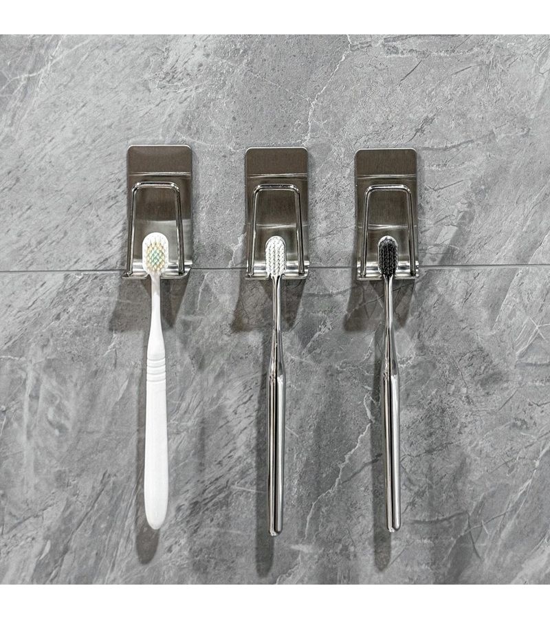Silvery 4 Pack Wall Mount Toothbrush Holder with Drainage No Drilling Stainless Steel Storage Rack - Image 3