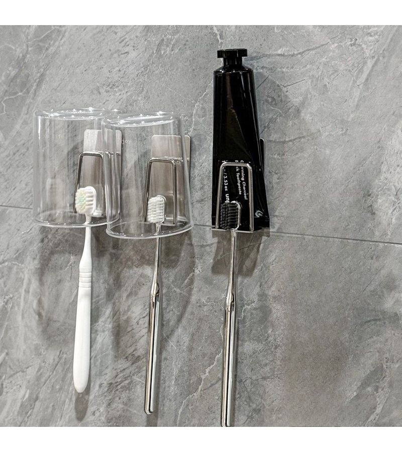 Silvery 4 Pack Wall Mount Toothbrush Holder with Drainage No Drilling Stainless Steel Storage Rack - Image 5