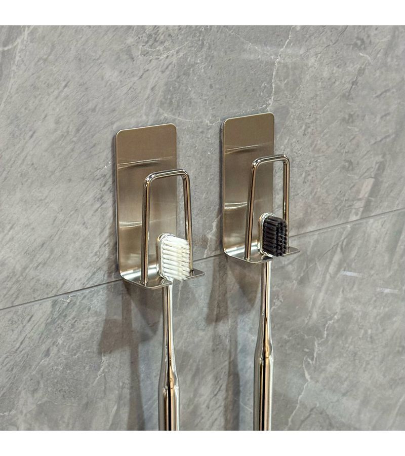 Silvery 4 Pack Wall Mount Toothbrush Holder with Drainage No Drilling Stainless Steel Storage Rack - Image 1
