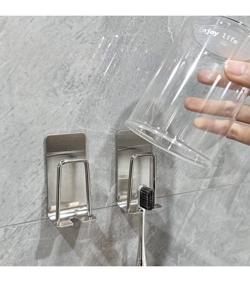 Silvery 4 Pack Wall Mount Toothbrush Holder with Drainage No Drilling Stainless Steel Storage Rack - Image 2