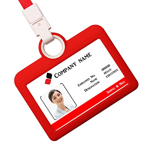 HiCycle2 Badge Holder Silicone Horizontal ID Badge Card Holder with Lanyard Neck Strap Heavy Duty ID Card Business Card Offices Supplies (Red) - Image 2