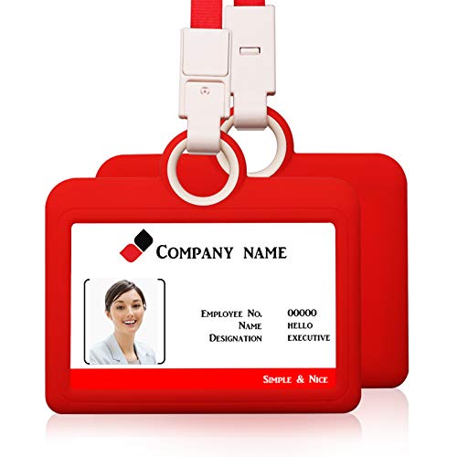 HiCycle2 Badge Holder Silicone Horizontal ID Badge Card Holder with Lanyard Neck Strap Heavy Duty ID Card Business Card Offices Supplies (Red) - Image 1