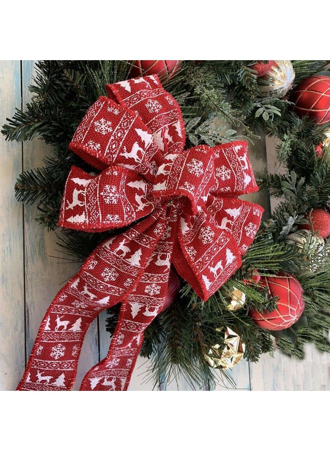 GiftWrap Etc. Red Fair Isle Christmas Bow - 10" Wide, 18" Long Pre-Tied Bow, White Print on Burlap, Nordic Pattern, Door Decoration, Swag, Wreath, Garland, Christmas Tree Ribbon, Winter Decor, Front Door Decor - Image 3