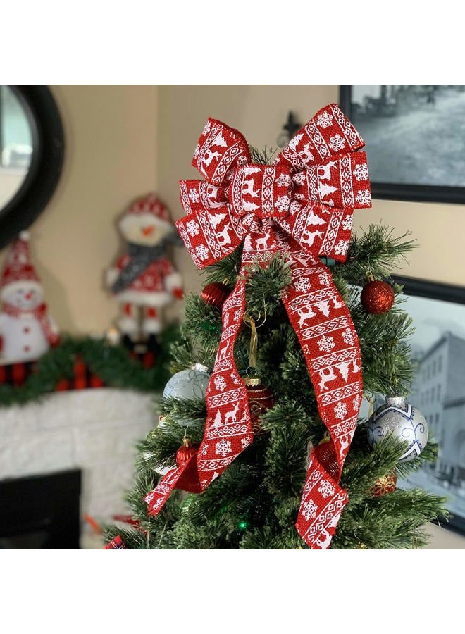 GiftWrap Etc. Red Fair Isle Christmas Bow - 10" Wide, 18" Long Pre-Tied Bow, White Print on Burlap, Nordic Pattern, Door Decoration, Swag, Wreath, Garland, Christmas Tree Ribbon, Winter Decor, Front Door Decor - Image 4